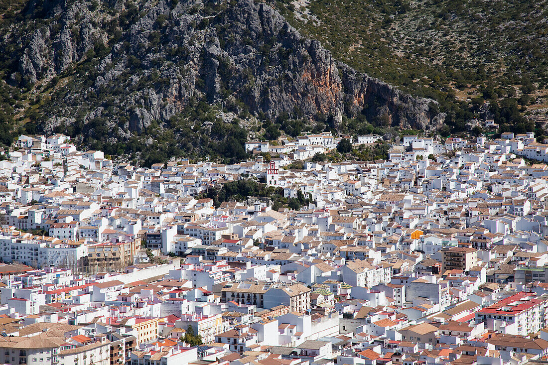 Hochformatige Ansicht einer weißgetünchten Stadt; Ubrique, Andalusien, Spanien
