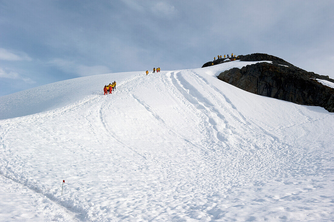 Tourists Climb A Frozen Hill; Antarctica