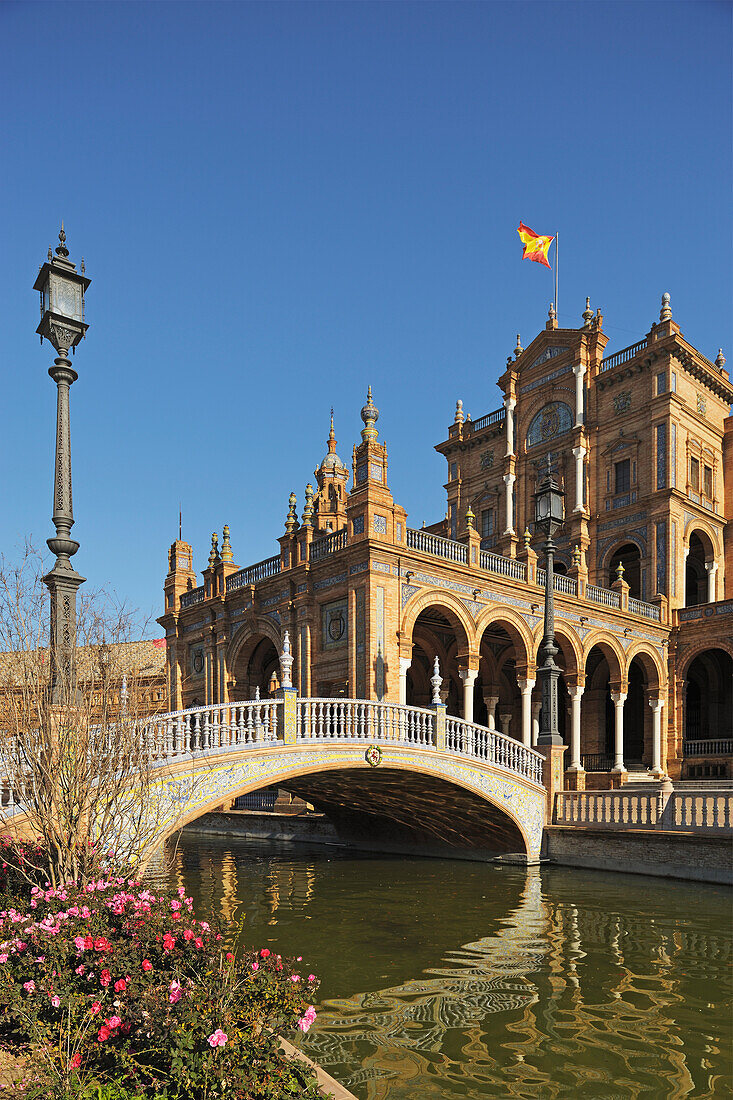 A Bridge Over A Waterway At The Plaza De Espana; Seville Andalusia Spain