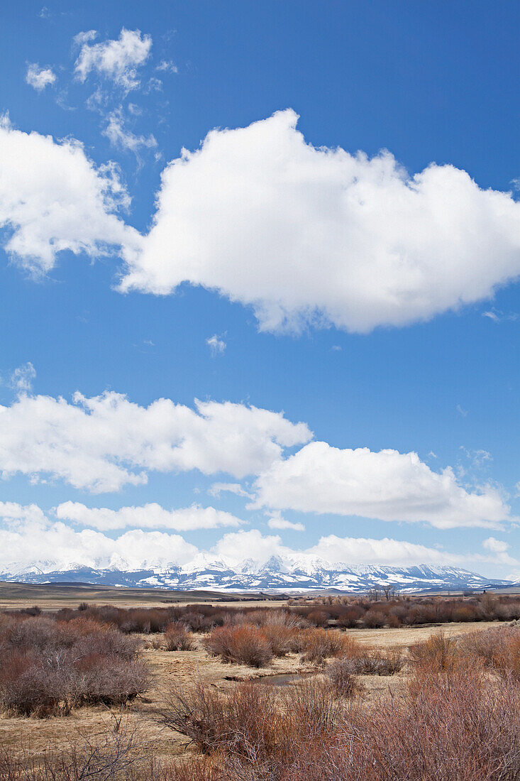 Schneebedeckte Berge mit blauem Himmel und weißen Wolken bei Bozeman; Montana Vereinigte Staaten Von Amerika