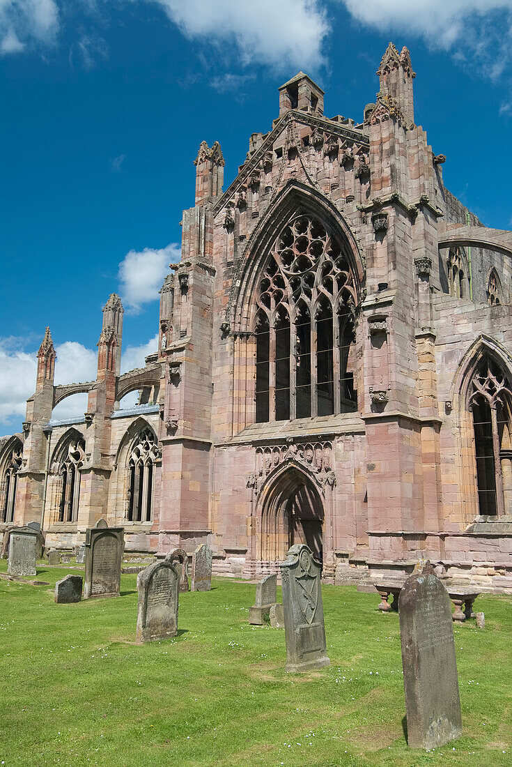 United Kingdom, Scotland, Melrose, Entrance to the ruins of the Melrose Abbey, Founded by monks in 1136.