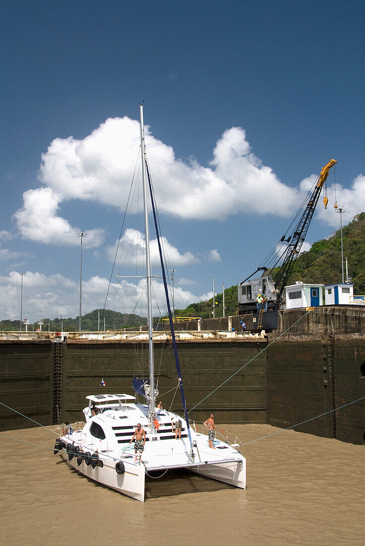 Panama, Panama Canal, catamaran in Pedro Miguel Lock.