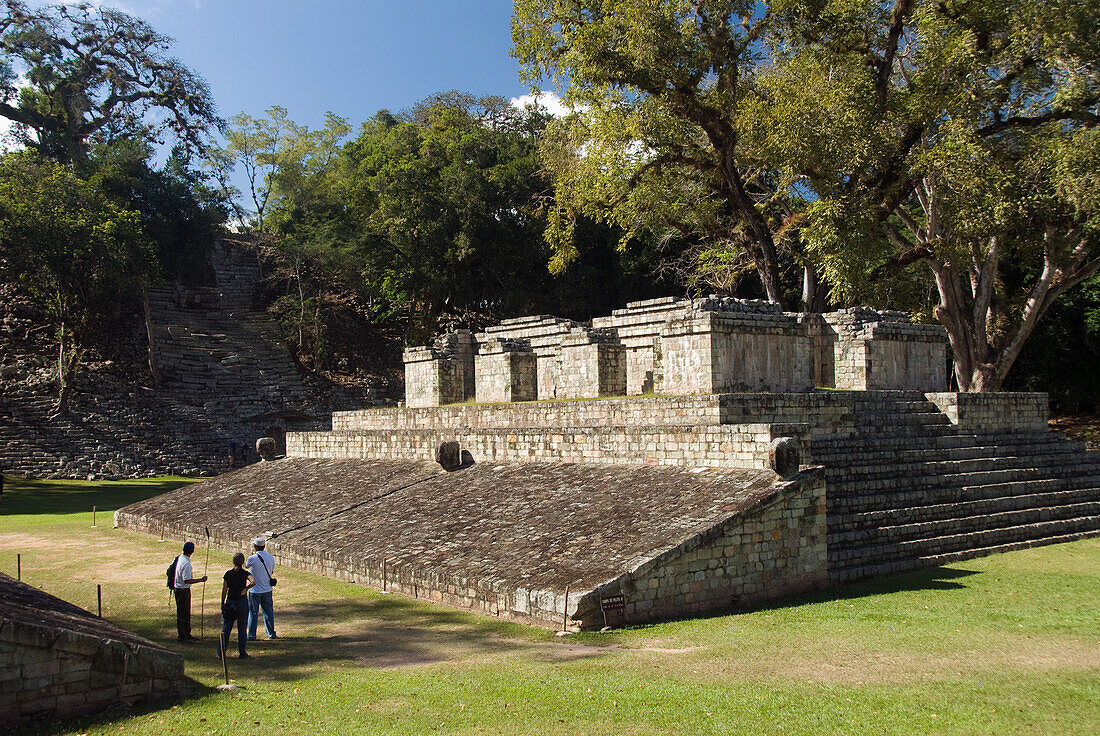 Honduras, Copan Ruinas, Copan Archeological Park, Ball Court, tourists sightseeing