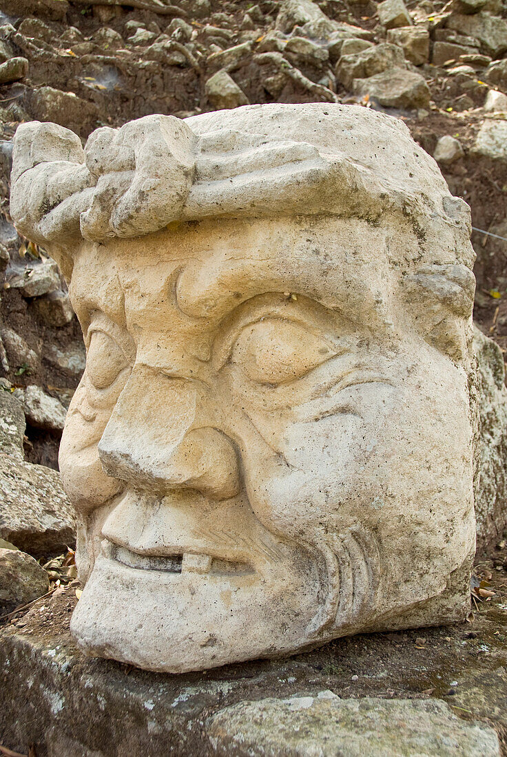 Honduras, Copan Ruinas, Copan Archeological Park, near Temple 11, stone head
