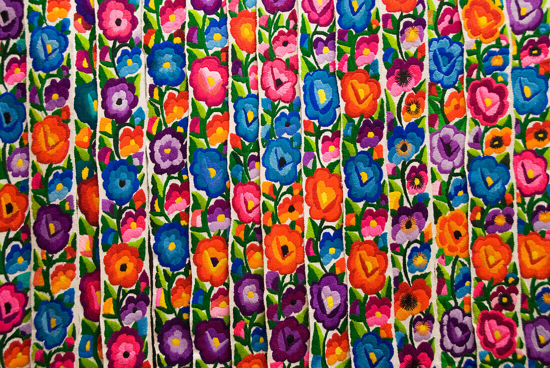 Gautemala, Chichicastenango, Brightly colored handmade textile.