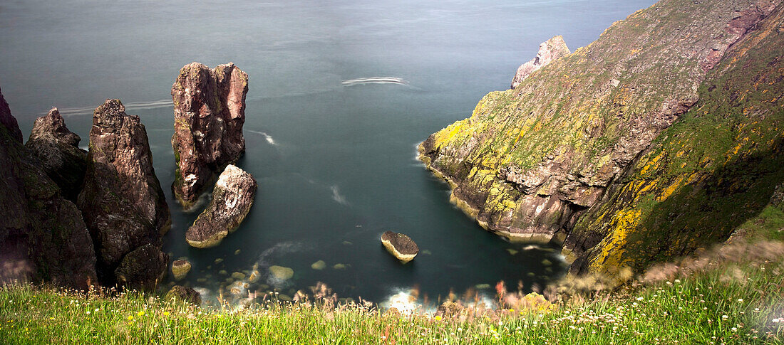 Blick von oben auf die Felsformationen entlang der Küste bei St. Abb's Head; Scottish Borders Schottland