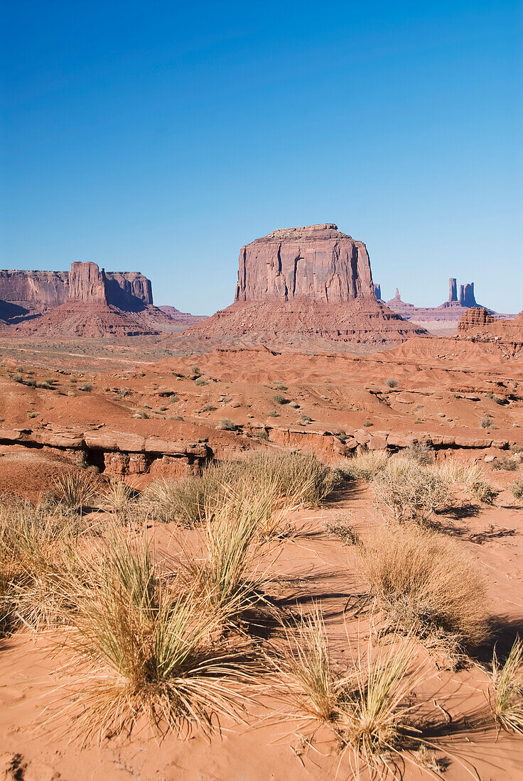 Arizona, Navajo Tribal Park, Monument Valley, View of the Merrick Butte from John Ford's Point Overlook.