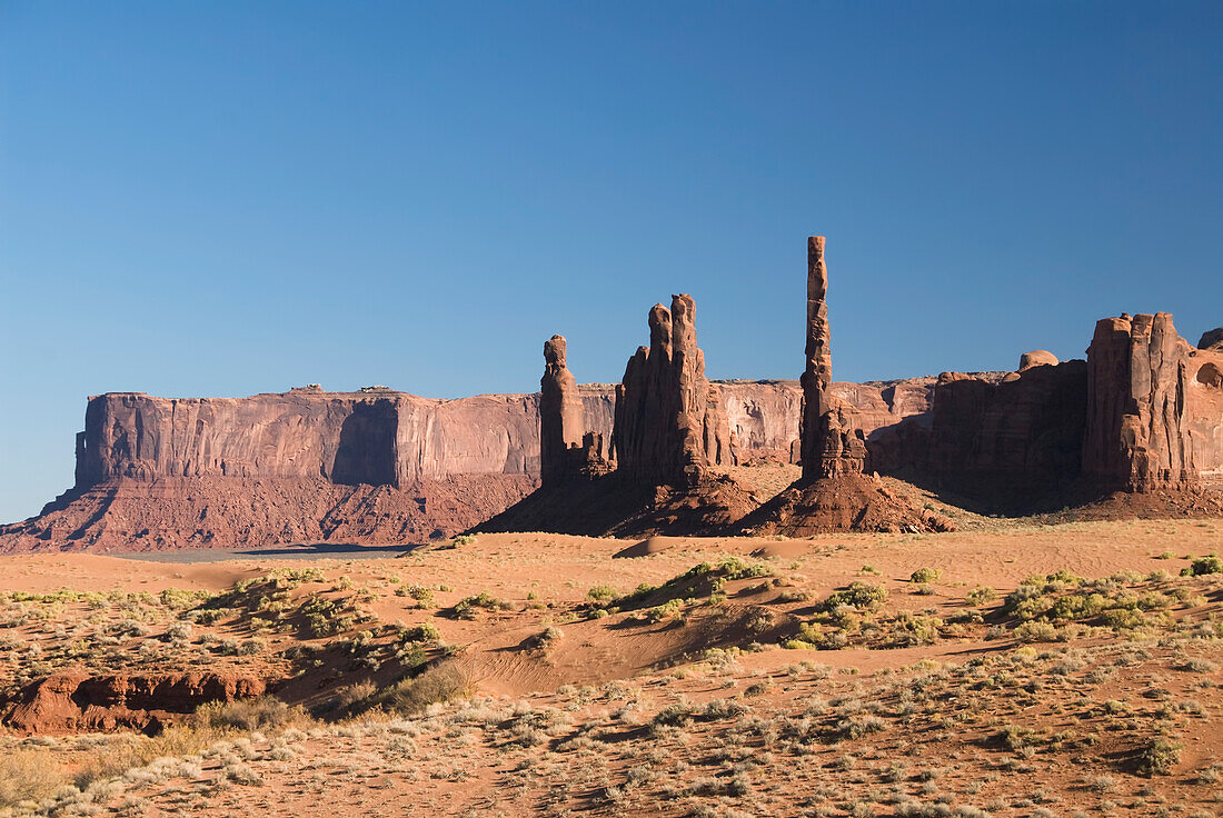 Arizona, Navajo Tribal Park, Monument Valley, View of the Totem Pole and Yei Bi Chei.