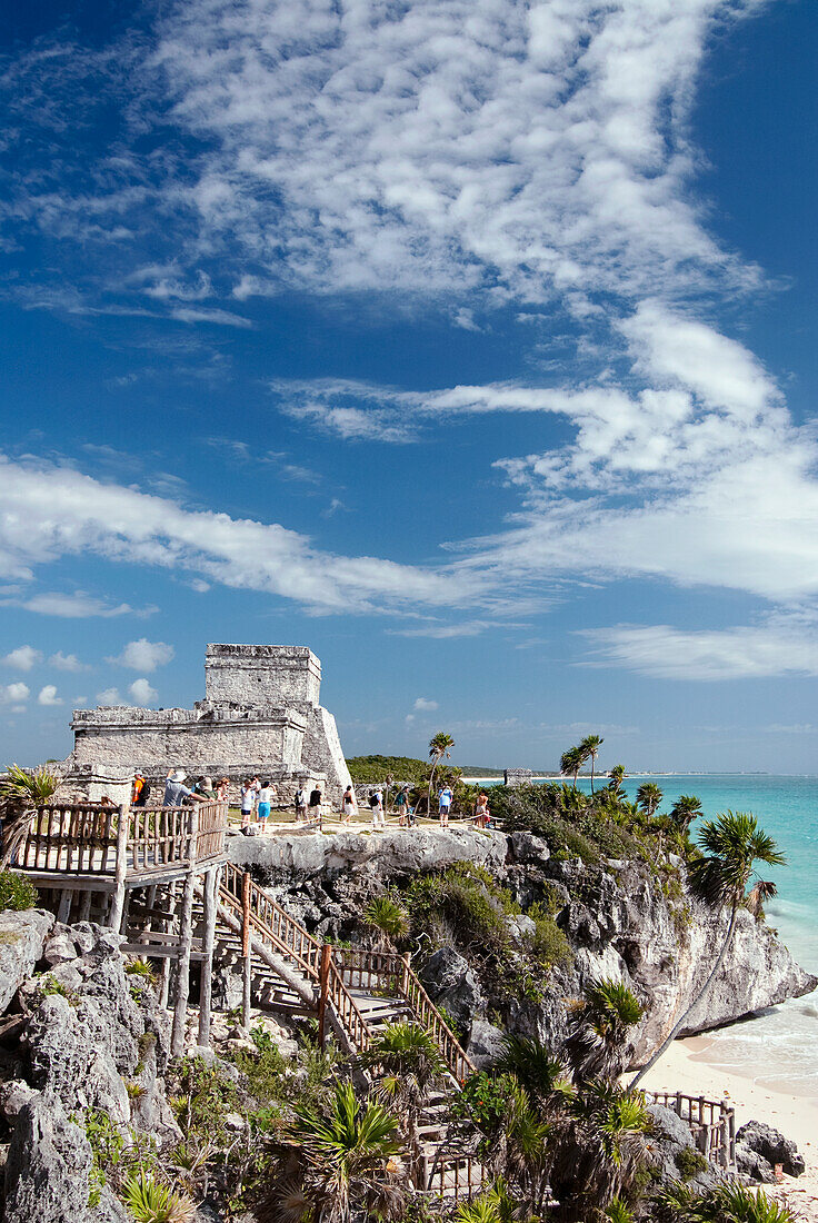 Mexico, Quintana Roo, Tulum, the Mayan ruins of Tulum, El Castillo (the Castle), stairway leading to the beach