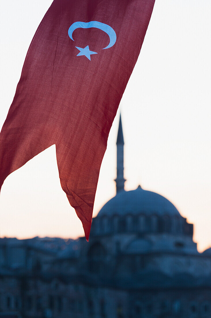 Flag Of Turkey Outside Rustem Pasha Mosque; Istanbul Turkey