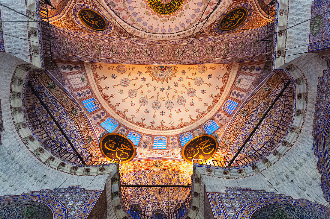 Low Angle View Of The Ornate Design On The Ceiling Of The Mosque Of The Valide Sultan; Istanbul Turkey