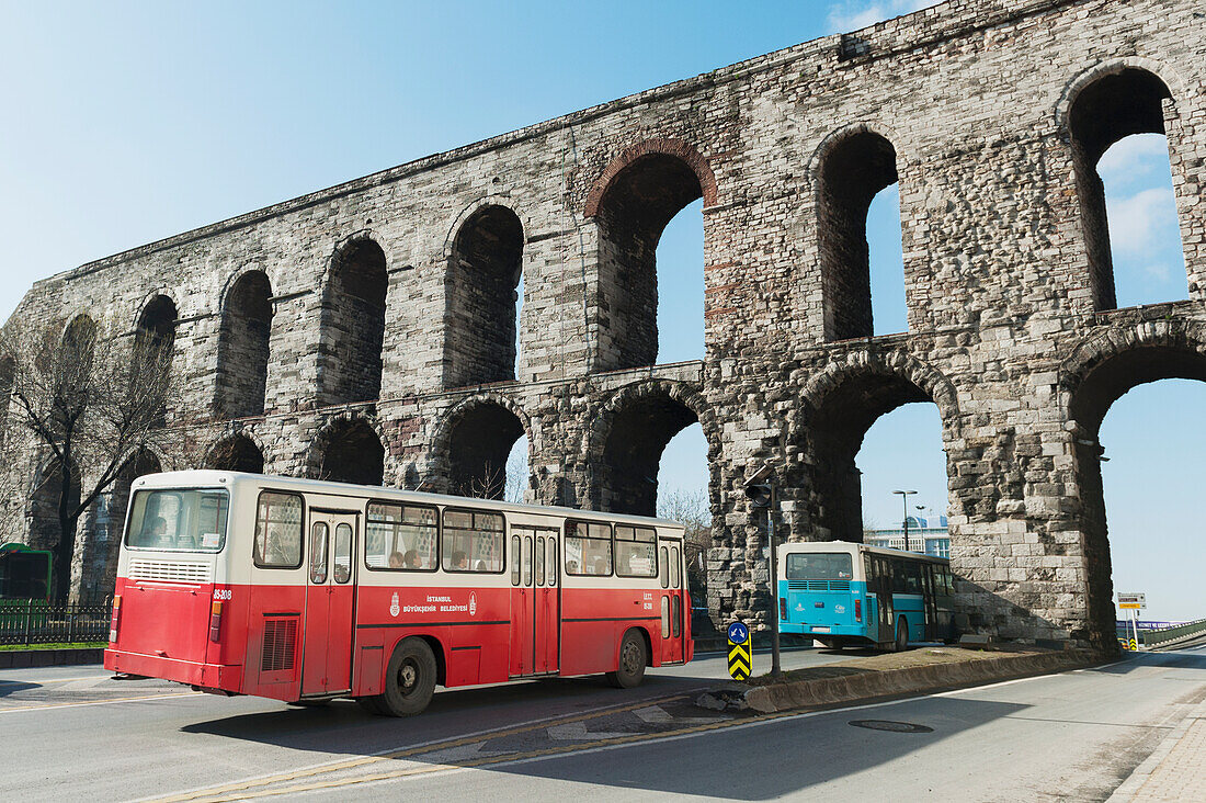 Buses Going Through Valens Aqueduct; Istanbul Turkey