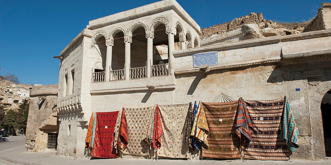 Fabric Hanging On Display Outside A Building; Mustafapasa Nevsehir Turkey