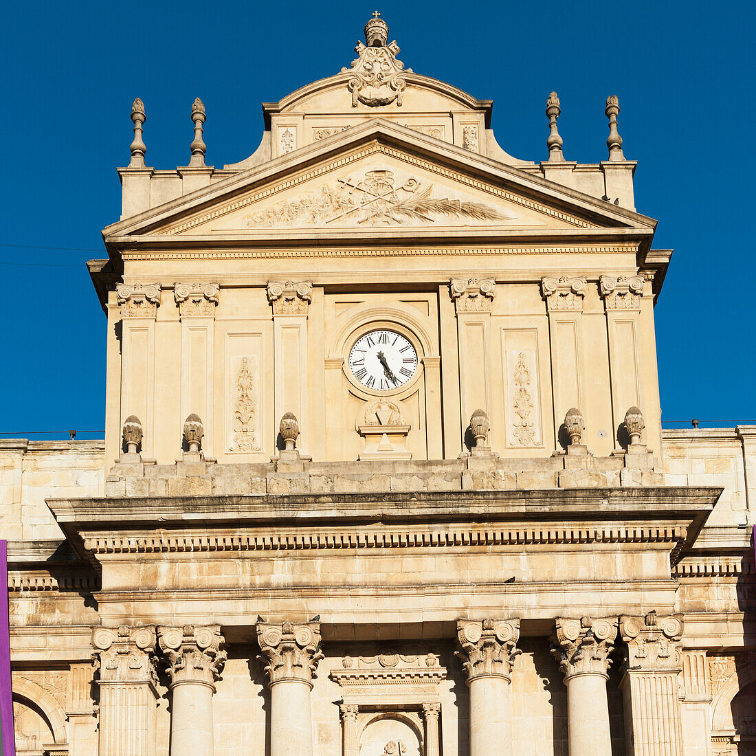 Clock And Ornate Facade Of The Cathedral Of Guatemala City; Guatemala City Guatemala