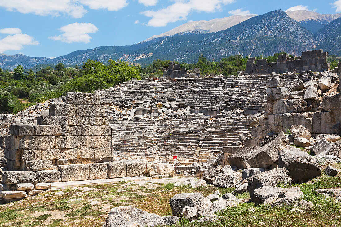 Ruins of the ancient lycian city prior to renovation and the theatre dating from the roman era; tlos antalya province turkey