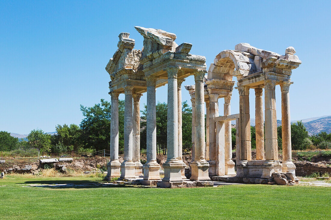 Ruins of aphrodisias 2nd century gateway known as the tetrapylon; aydin province turkey