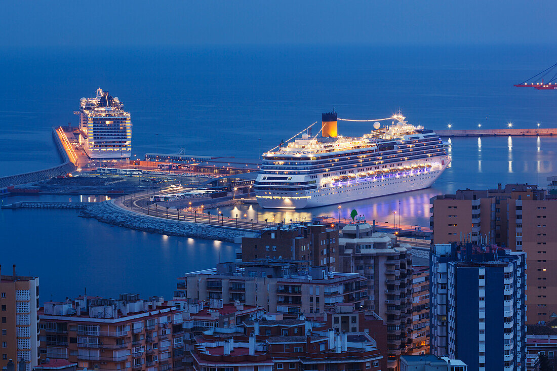 Cruise ships in malaga harbour at night; malaga malaga province costa del sol andalusia spain