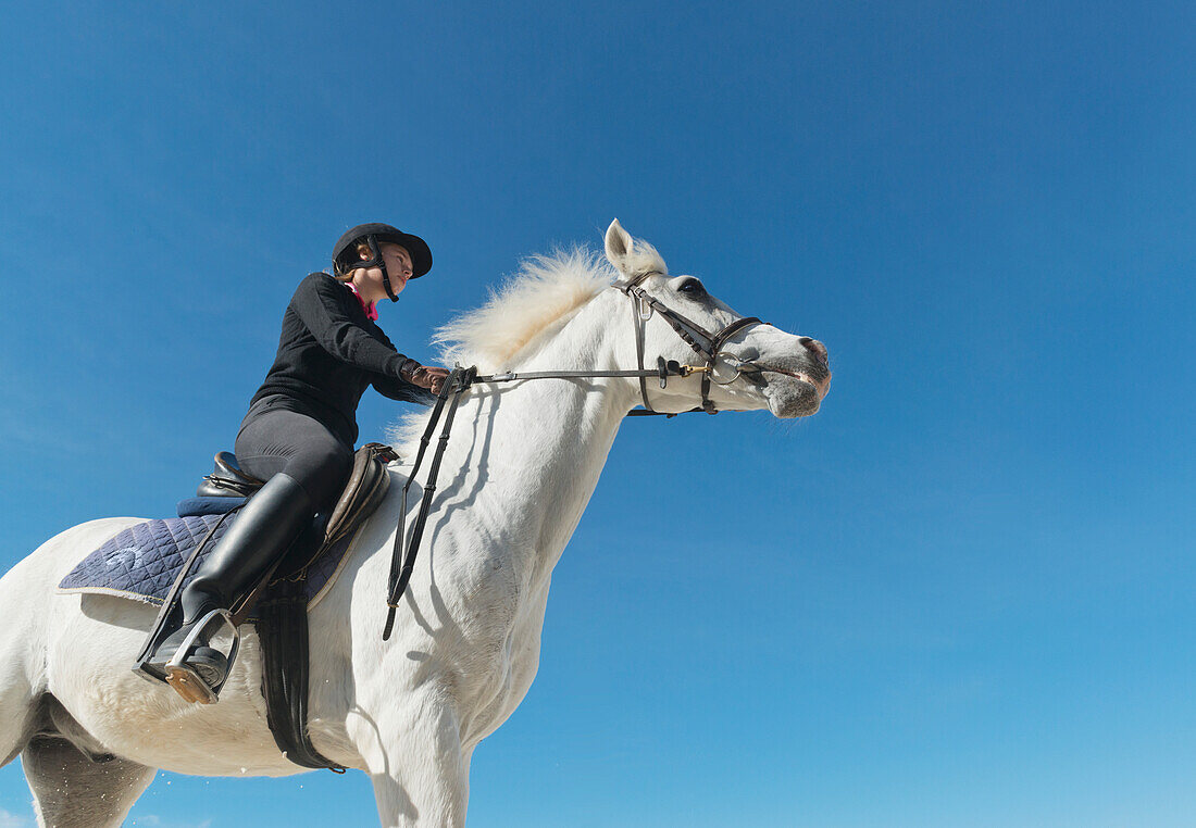 Spanien, Andalusien, Malaga, Junge Frau reitet auf weißem Pferd