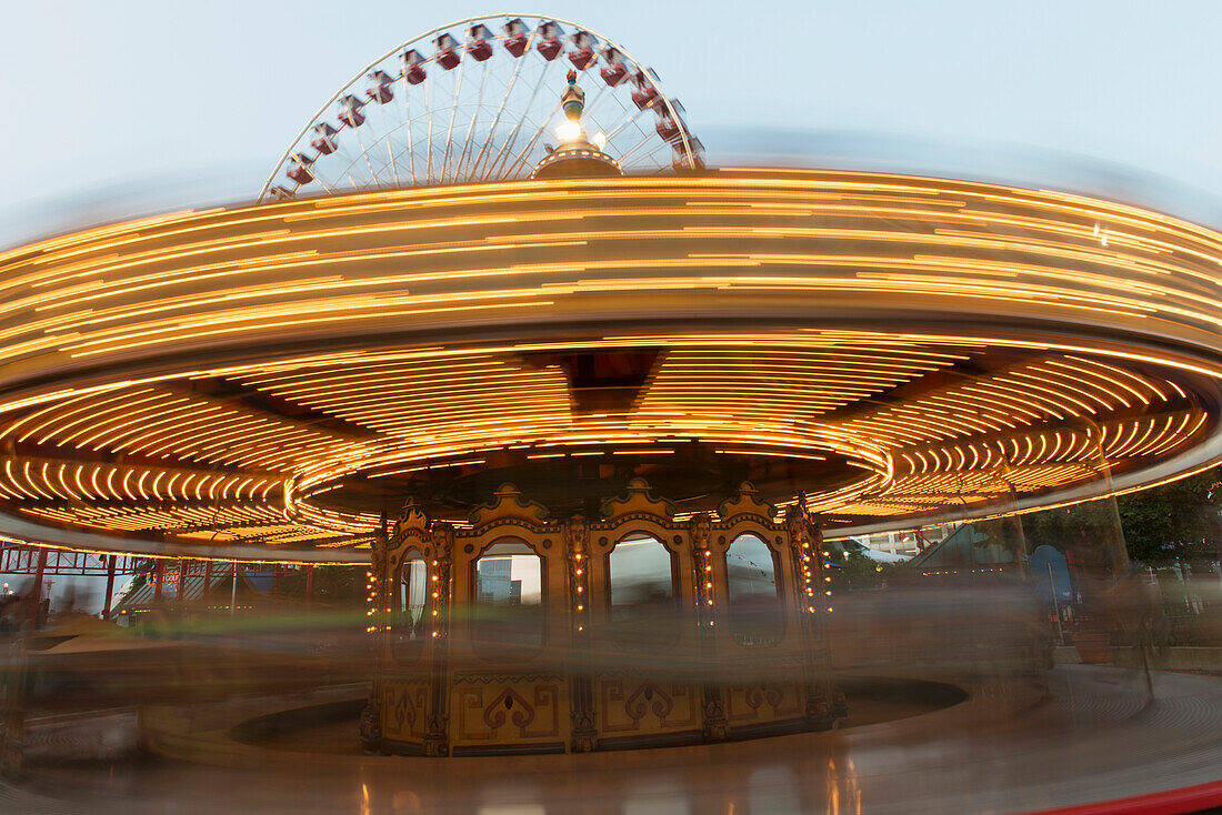 Motion Blur Of The Lights Of A Spinning Amusement Park Ride; Chicago Illinois United States Of America