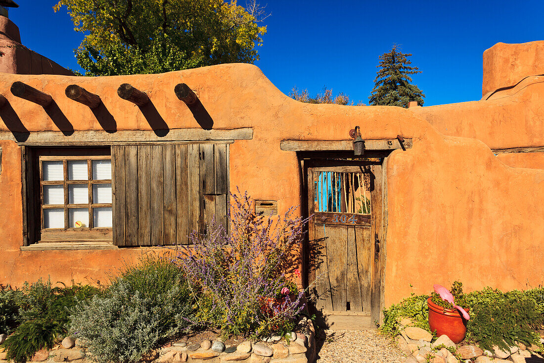 View of old wooden door in wall off Canyon Road; Santa Fe, New Mexico, USA