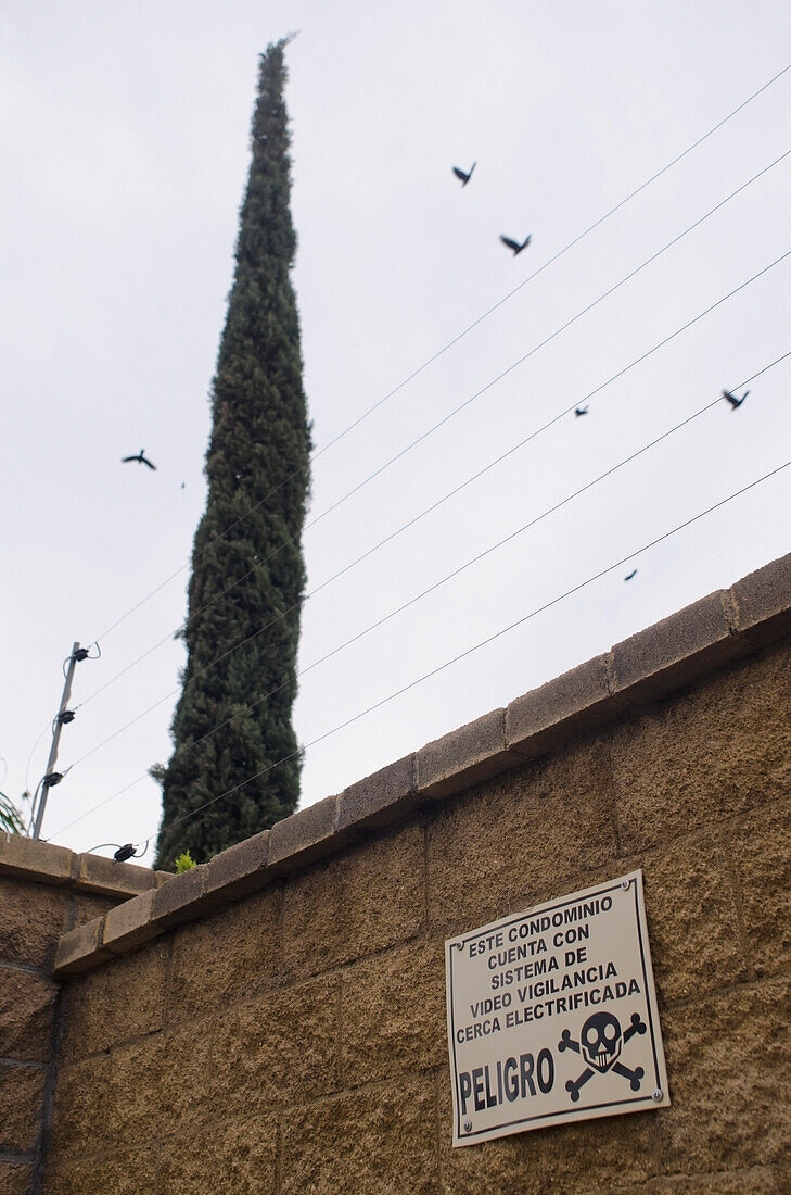 Mexico, Aguascalientes, Aguascalientes, Warning sign beneath electric fence