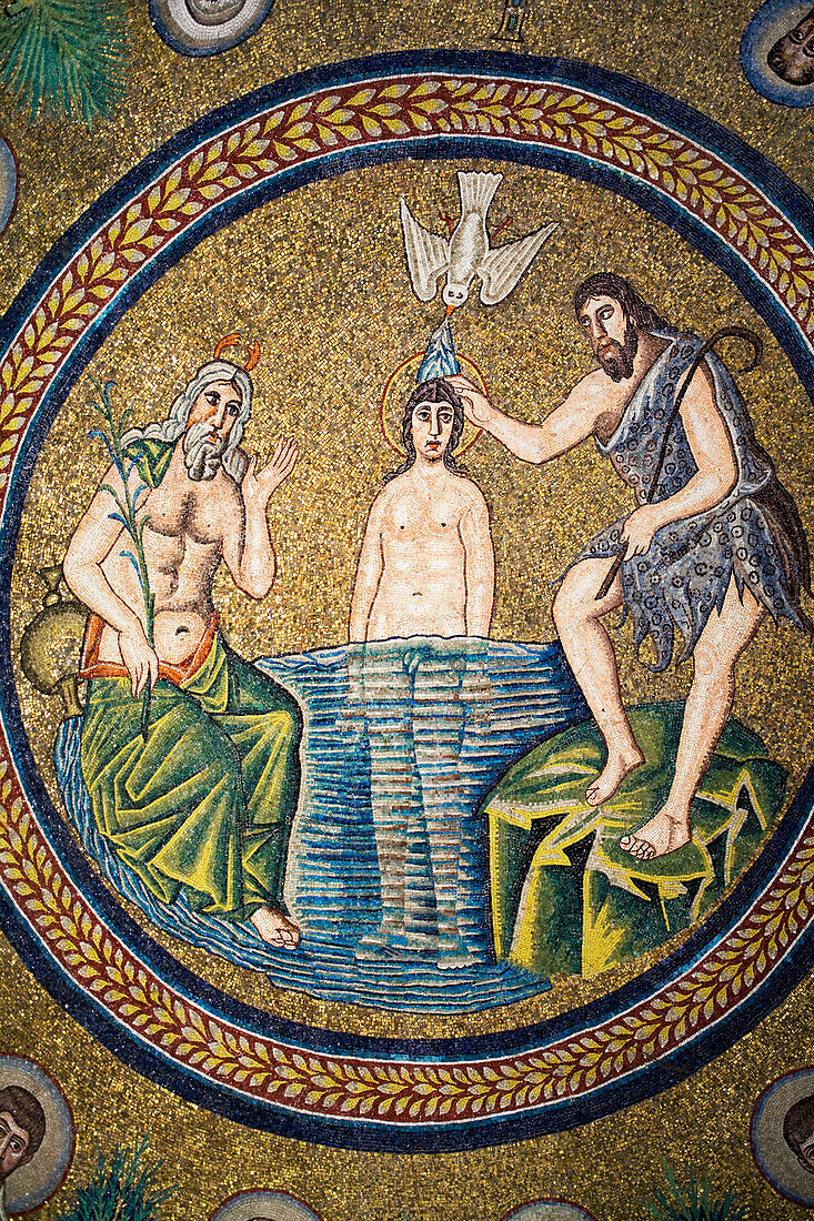 Mosaic of Baptism of Christ in River Jordan, close-up; Ravenna, Emilia-Romagna, Italy