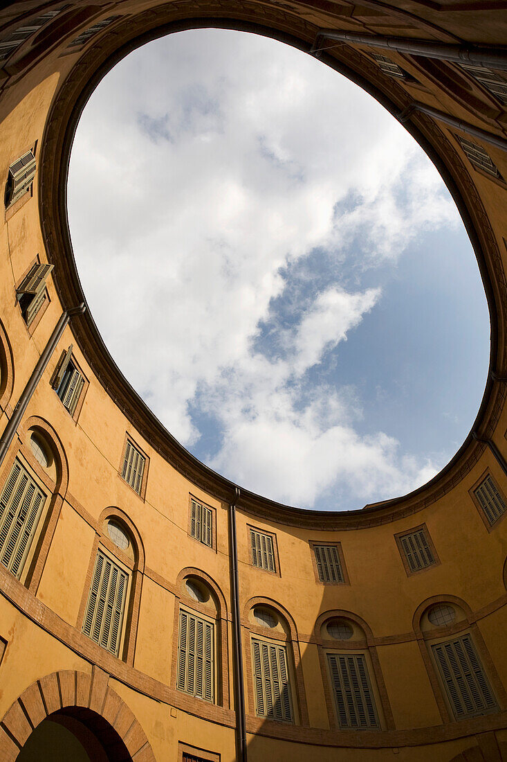 Upward view of oval opening inner yard; Ferrara, Emilia-Romagna, Italy