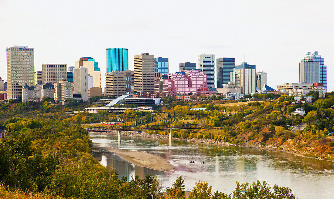 Canada, Alberta, Edmonton, Edmonton skyline across North Saskatchewan river facing West