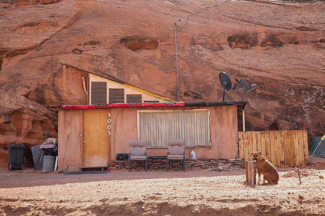 United States of America, House with satellite dishes and dog sitting outside front; Utah