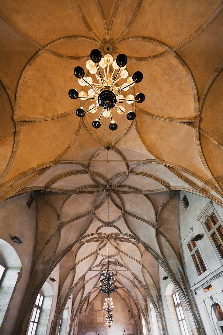 Czech Republic, Low angle view of ornate ceiling and light fixture; Prague