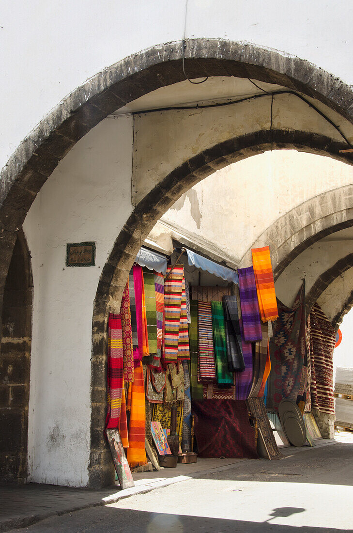 Colorful goods hanging on display for sale in Quartier Habbous; Casablanca, Morocco