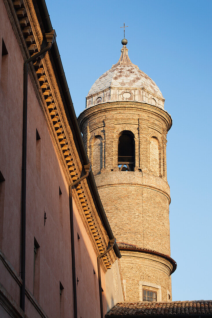 Basilica Di San Vitale tower and dome with blue sky; Ravenna, Emilia-Romagna, Italy
