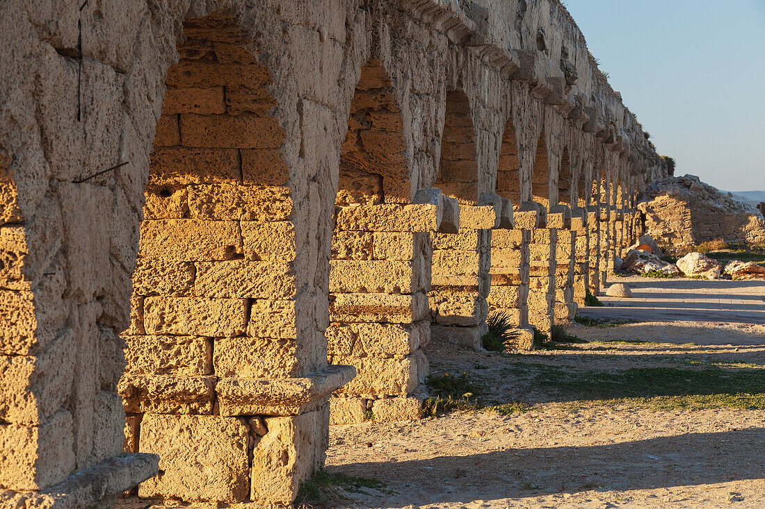 Israel, near town of Caesarea. Ancient Caesarea Maritima city and harbor was built by Herod Great. city has been populated through late Roman and Byzantine era; Caesarea Maritima National Park, Caesarea Maritima is a national park on Israeli coastline