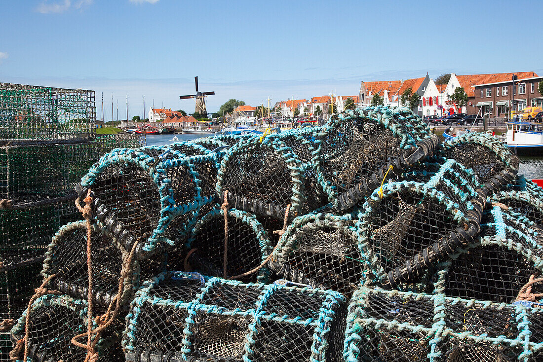 Netherlands, Zealand, Fishing traps along the waterfront at the harbor; Zierikzee
