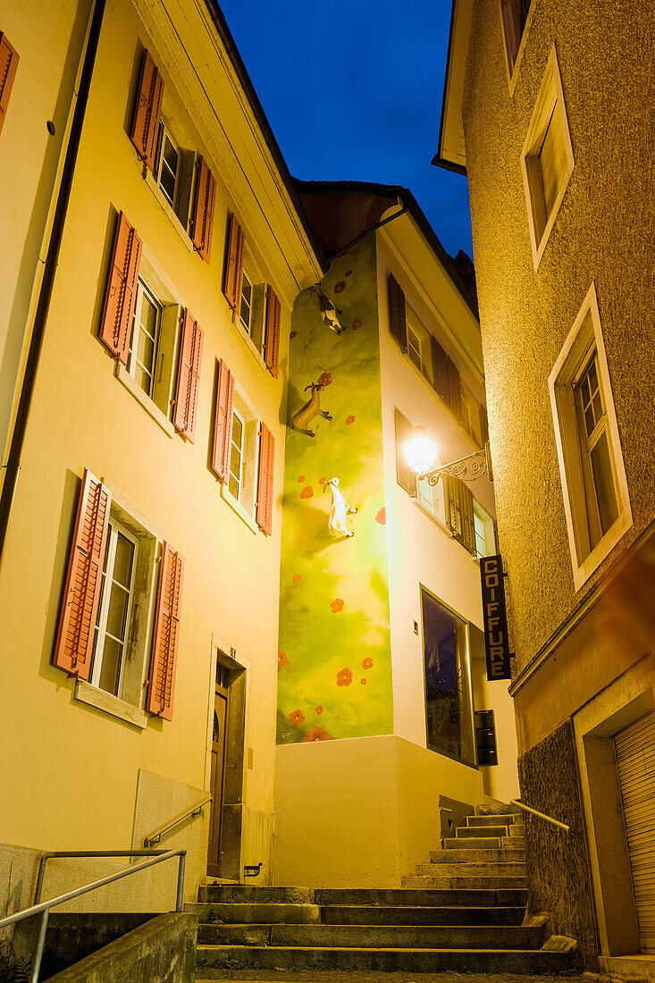 Switzerland, Town street at night; Delemont