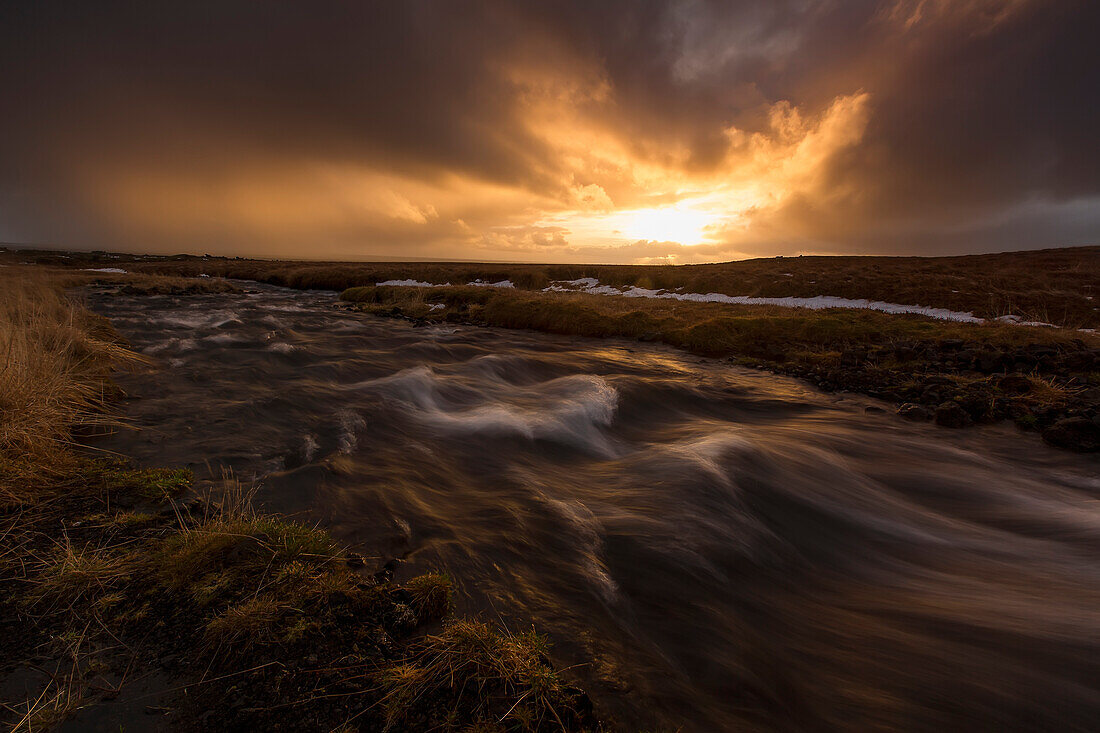 Sunrise Over A Flowing Stream; Snaefellsnes Peninsula, Iceland