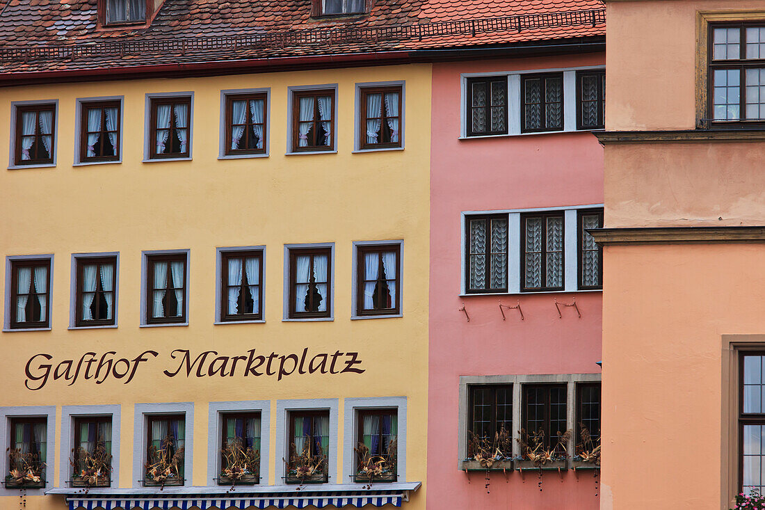 Colorful Buildings Of The Market Square In Rothenburg; Rothenburg Ob Der Tauber, Bavaria, Germany