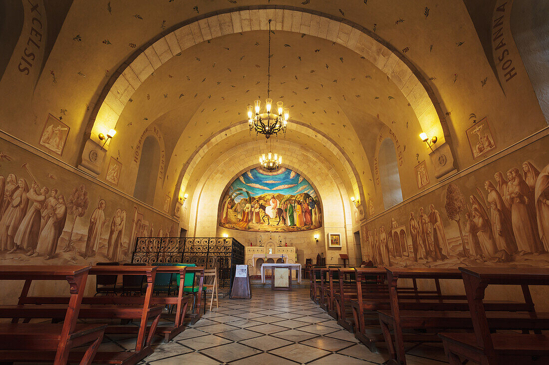 Israel, Palm Sunday Church on East side of Mount of Olives is in Bethphage. This is where Jesus mounted unbroken donkey colt and started His triumphal entry down Mount of Olives and into Jerusalem. There is beautiful ceiling painting in church; Bethphage