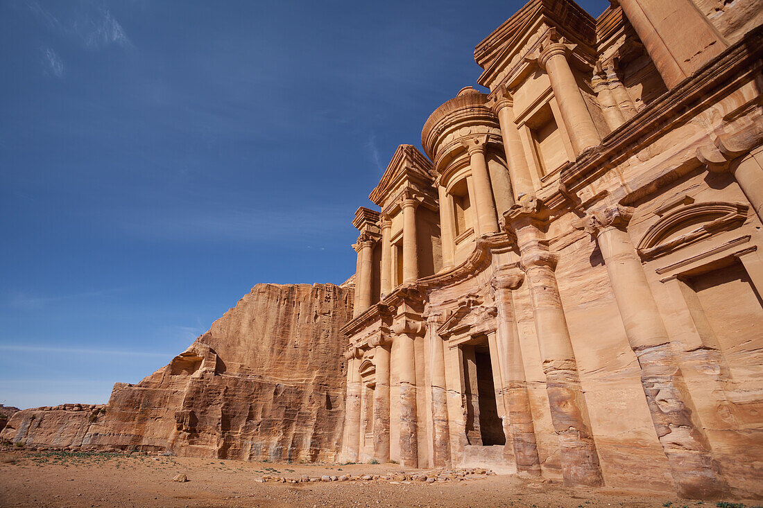 Jordan, it measures 50 metres wide by approximately 45 metres high; Petra, Ad Deir (Arabic for The Monastery) is monumental building carved out of rock in ancient city of Petra. Built by Nabataeans in 1st century