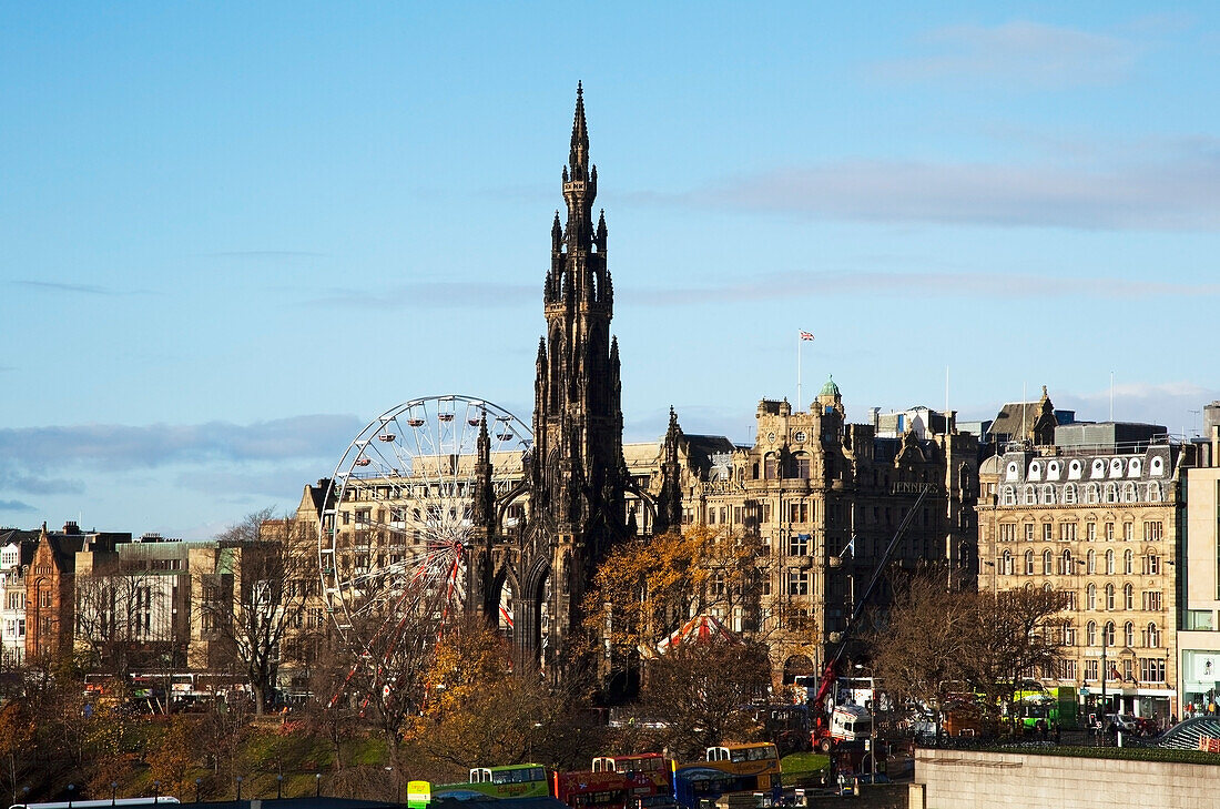 United Kingdom, Scotland, View of Princess Street Gardens with Scott Monument; Edinburgh