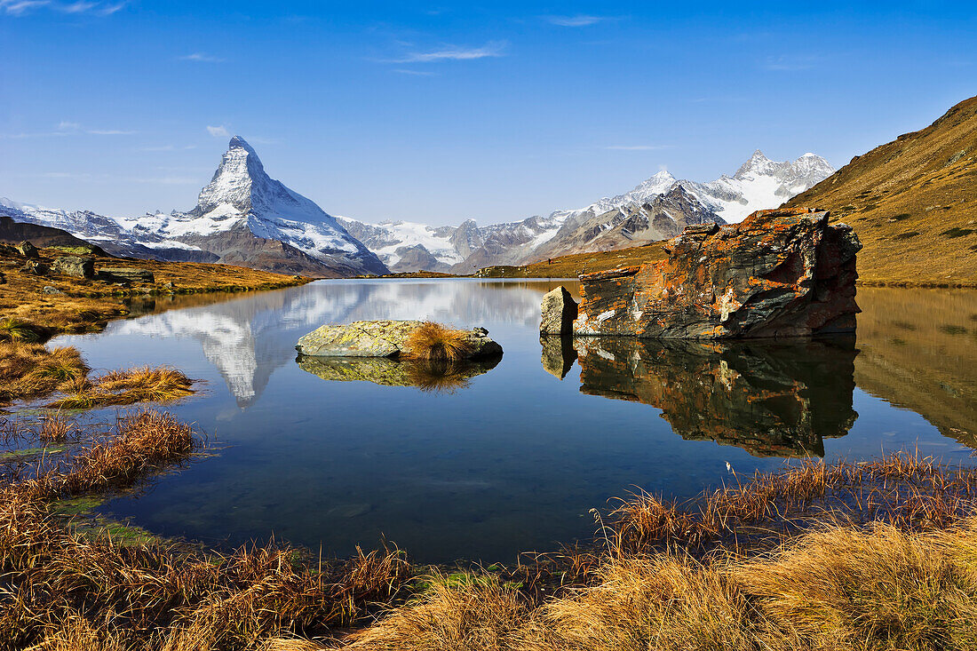 Switzerland, Stellisee lake and Matterhorn; Valais