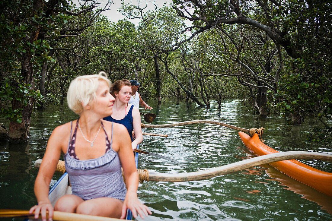 Paddeln auf einem Waka mit einem Maori-Führer in der Bay Of Islands; Neuseeland