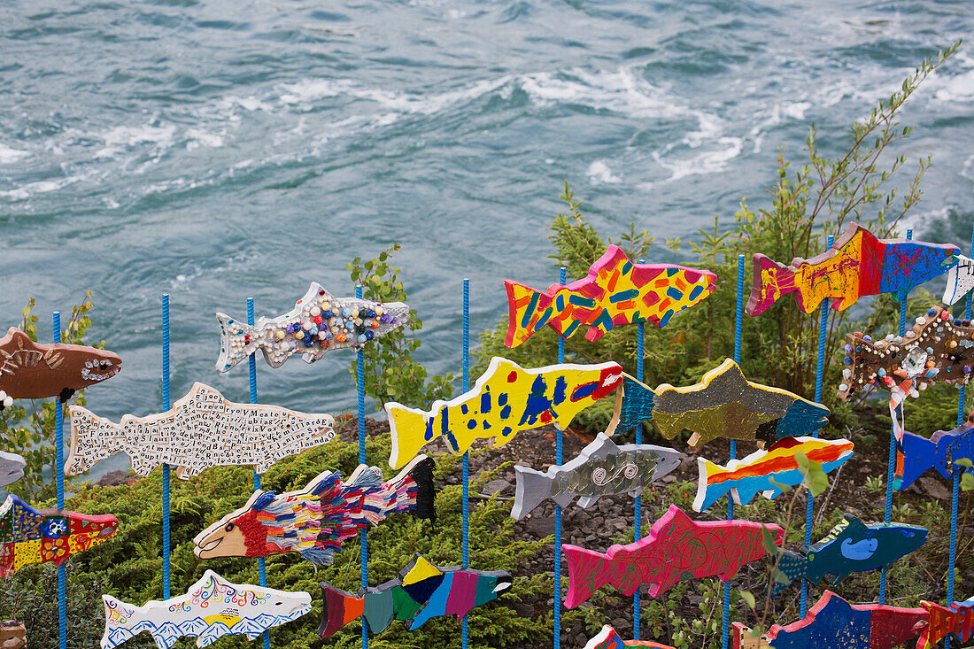 Colourful Wooden Fish Decorate The Shore Along The Water's Edge; Whitehorse, Yukon, Canada