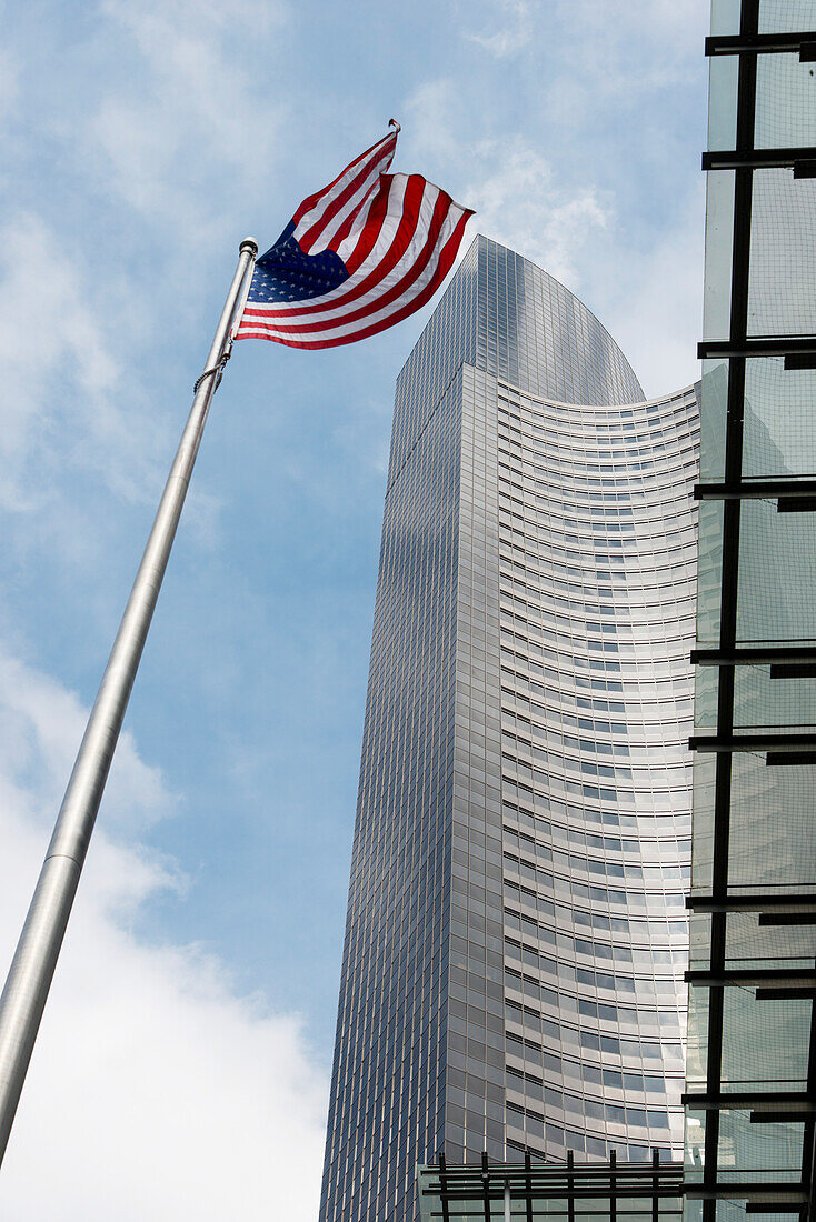 Modern Skyscrapers And The American Flag; Seattle, Washington, United States Of America
