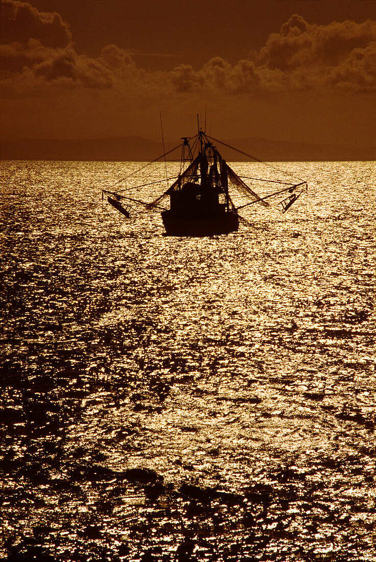 Fishing Boat at Sea, Sunset Silhouette