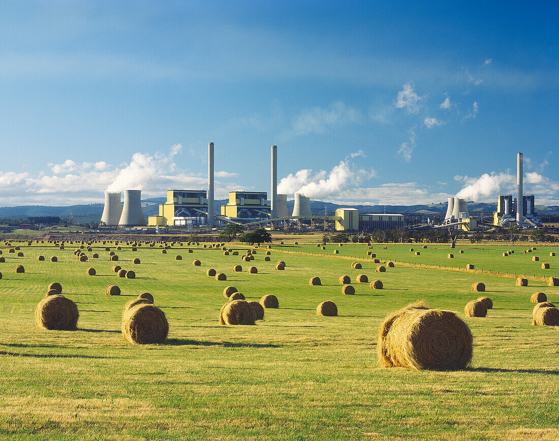 Brown Coal Power Station Beside Hay Field, La Trobe Valley, Australia