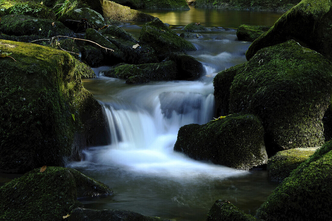 Detail of flowing waters of a little River in autumn in the bavarian forest, Bavaria, Germany.