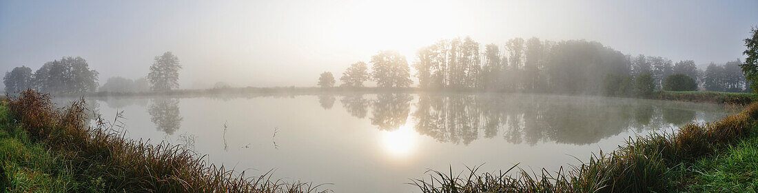 Landscape of Foggy Lake in Early Morning in Autumn, Bavaria, Germany