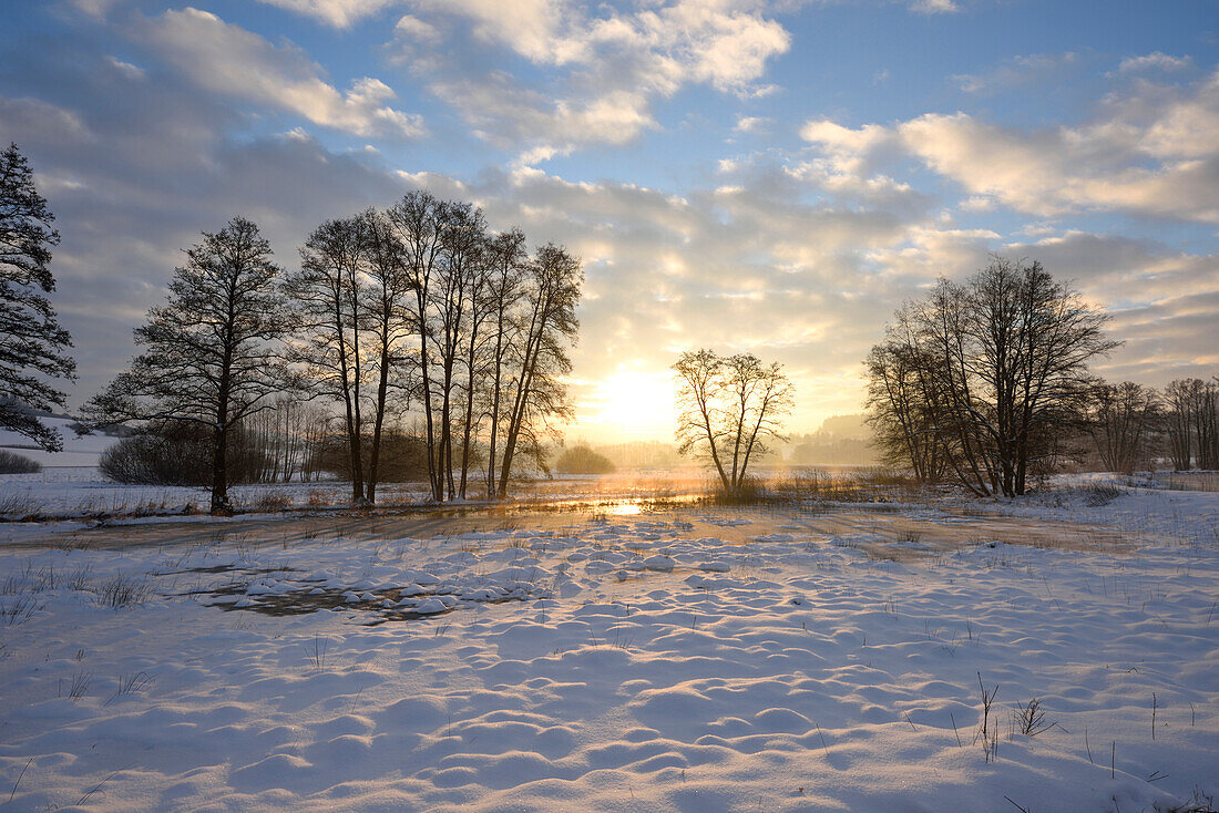 Landscape of Sunrise on Early Morning in Winter, Upper Palatinate, Bavaria, Germany