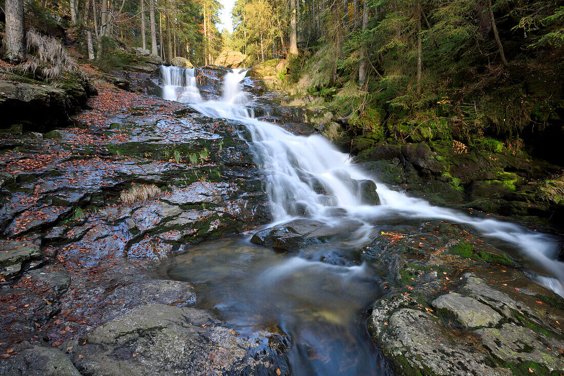 Scenic view of waterfall and stream in autumn, Bavarian Forest Natonal Park, Bodenmais, Regen District, Bavaria, Germany